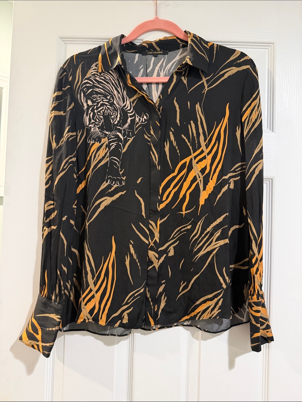 Kobi Halperin Black Silk Button-Down Shirt with Mustard Tiger Print